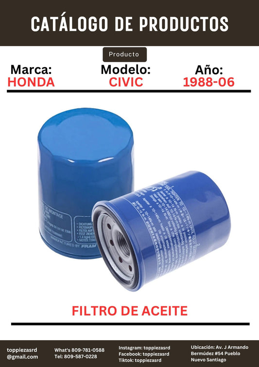 15400-PLC-004: Filtro De Aceite Honda CIVIC/ACCORD/CR-V/ODYSSEY 1988-06.