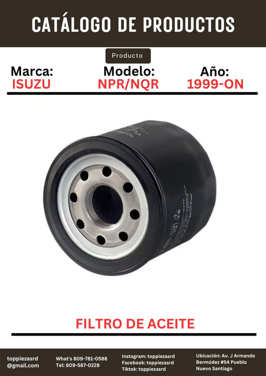 8-97096-777: Filtro De Aceite Isuzu NPR/NGR/NKR 4HF1 1999-ON.