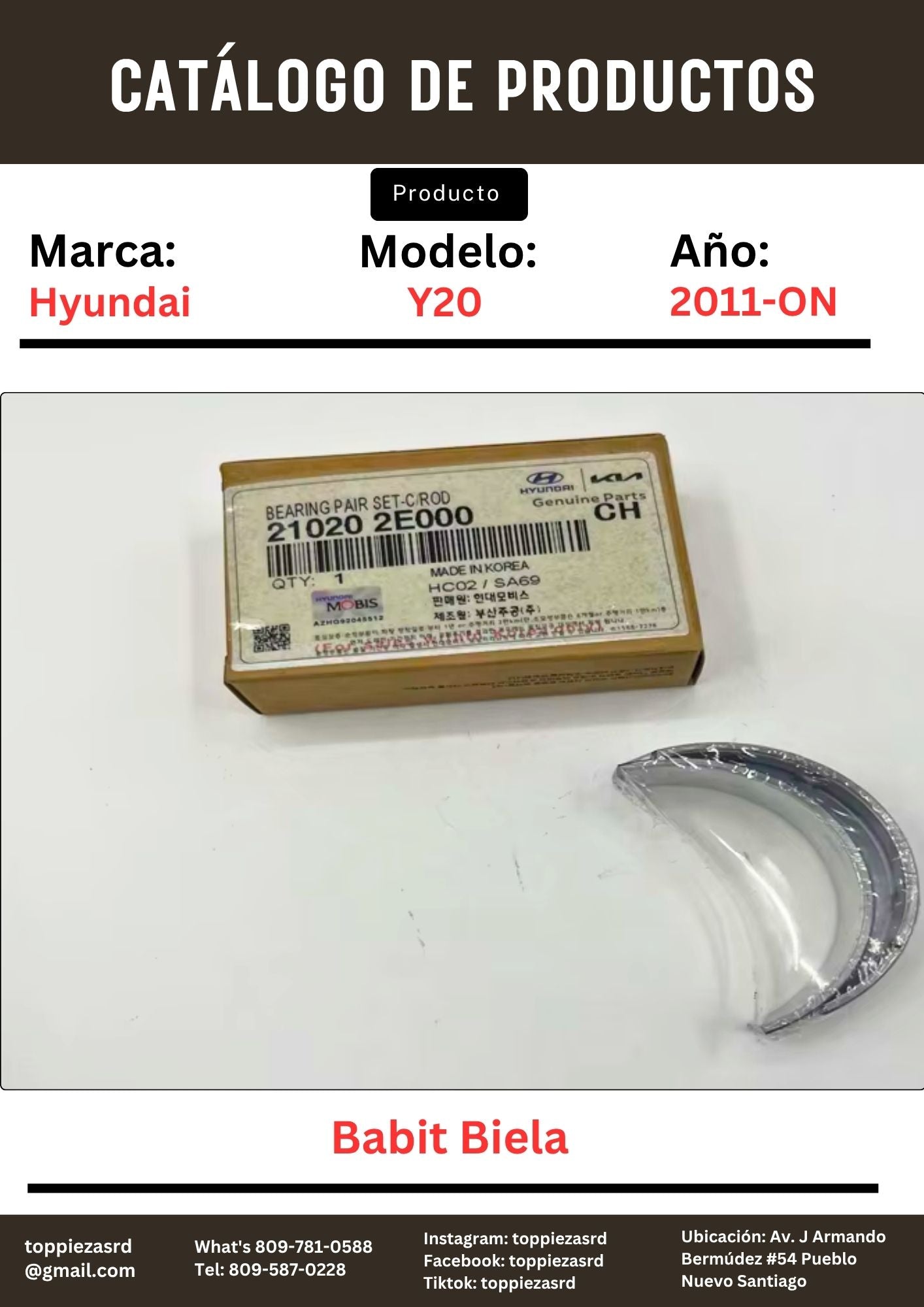 21020-2E000: Babit de Cigüeñal Y20 2011-15. K5 2011-18. Elentra 2011-18.
