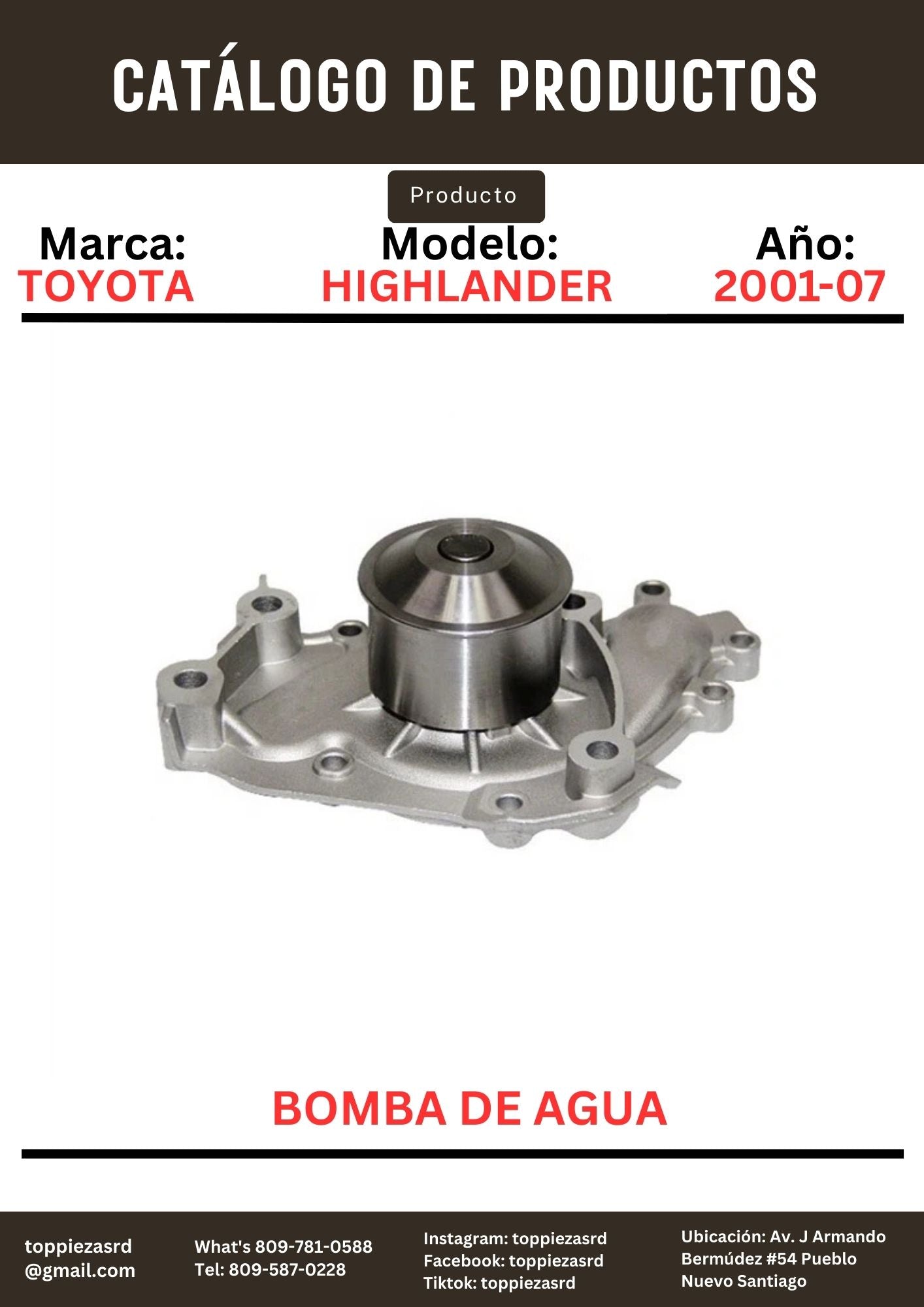 16100-29085: Bomba De Agua Toyota HIGHLANDER 2001-07. Lexus RX330 2004-07.