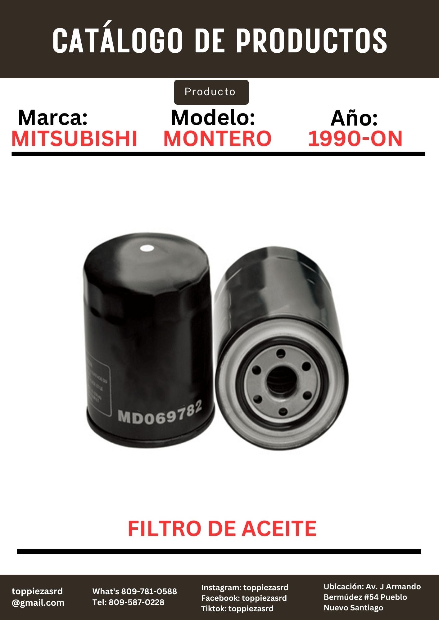 MD069782: Filtro De Aceite Mitsubishi MONTERO L200/CANTER HD50 1990-ON.