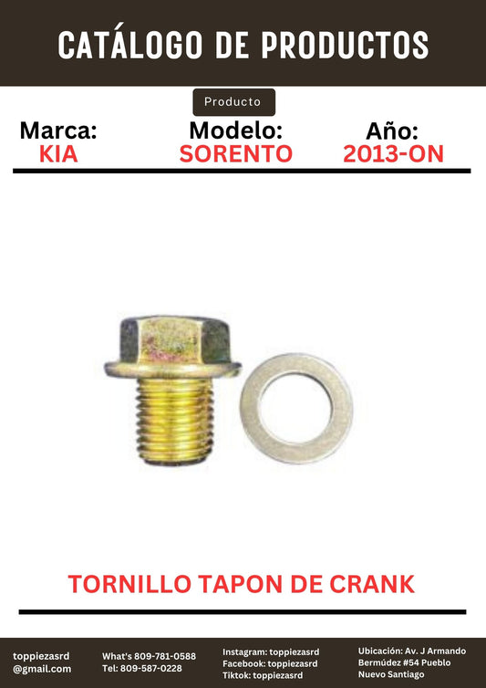 21512-23000: Tornillo Tapón De Crank Kia SORENTO 2013-ON. Hyundai SONATA N20/Y20 2013-ON.