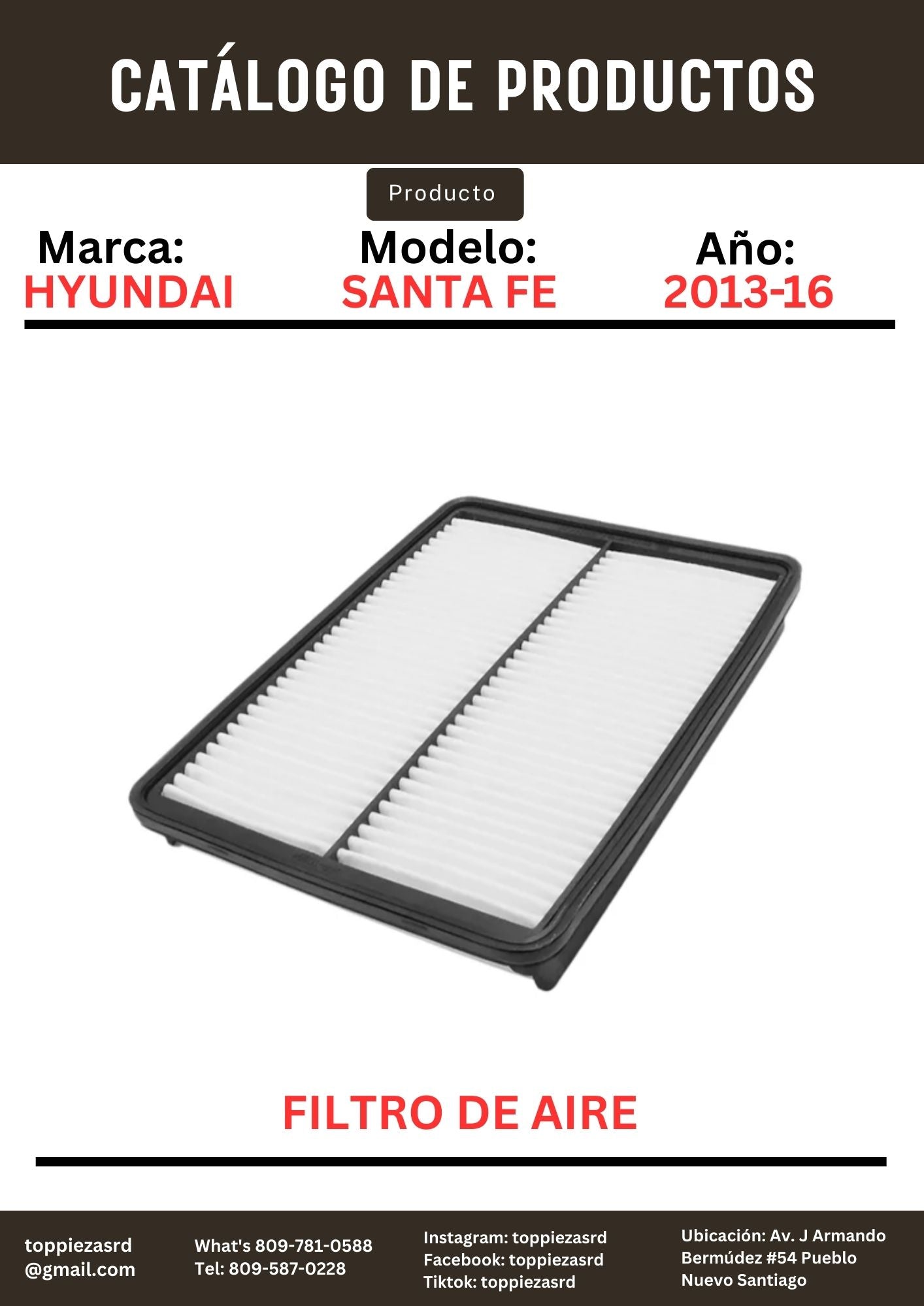 28113-2W100: Filtro De Aire Hyundai SANTA FE 2013-16. Kia SORENTO 2012-ON.