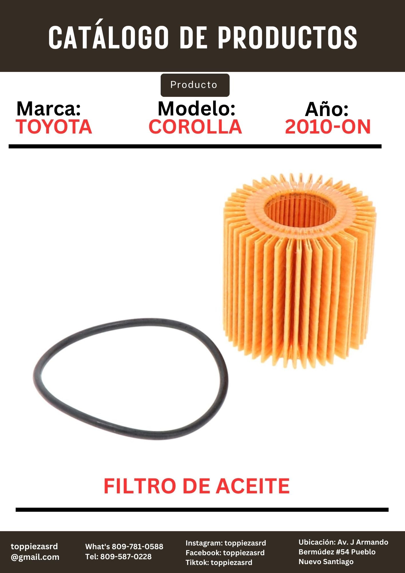 04152-YZZA6: Filtro De Aceite Toyota COROLLA 2010-ON.