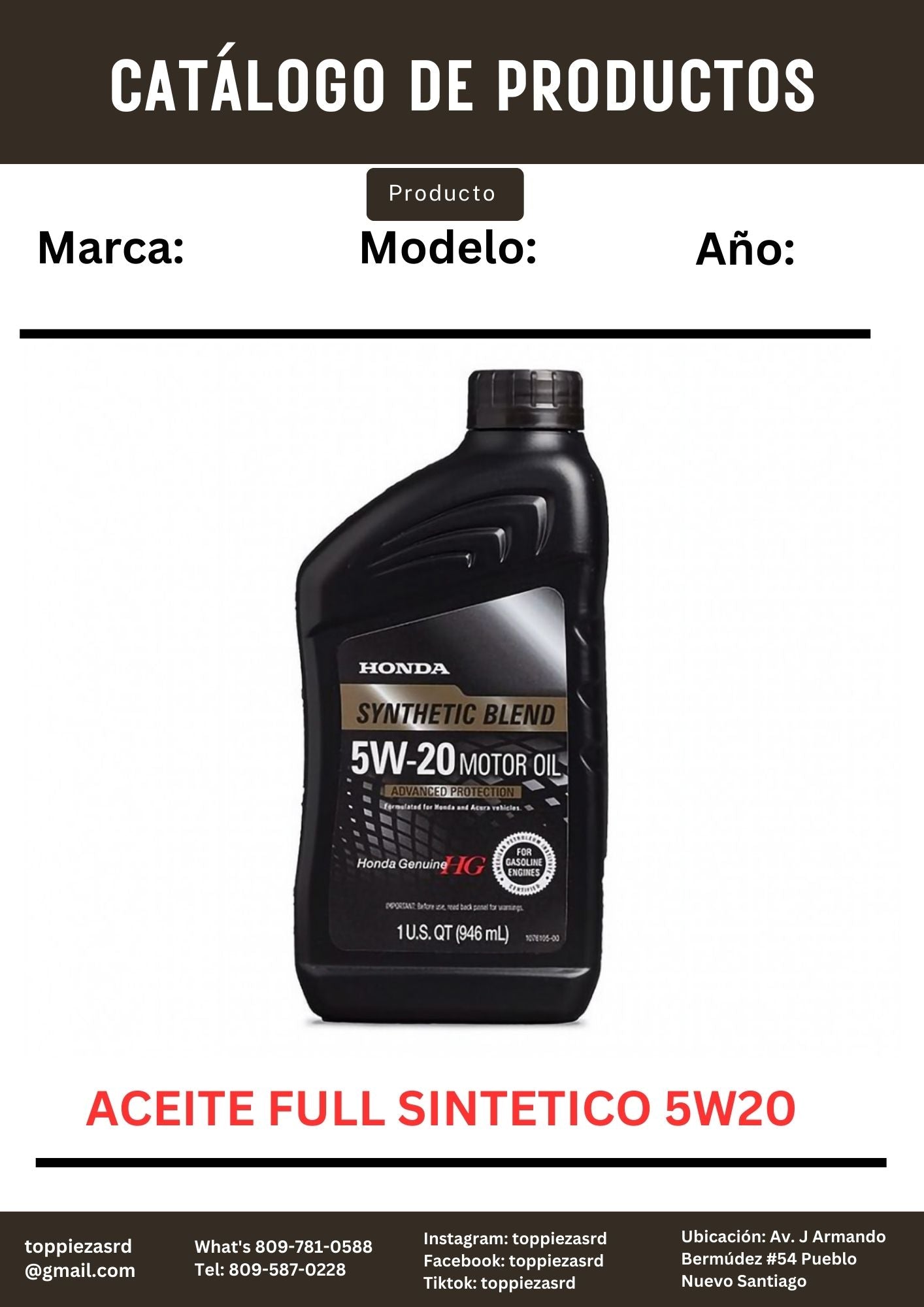 5W20: Aceite Full Sintético HONDA 5W20.