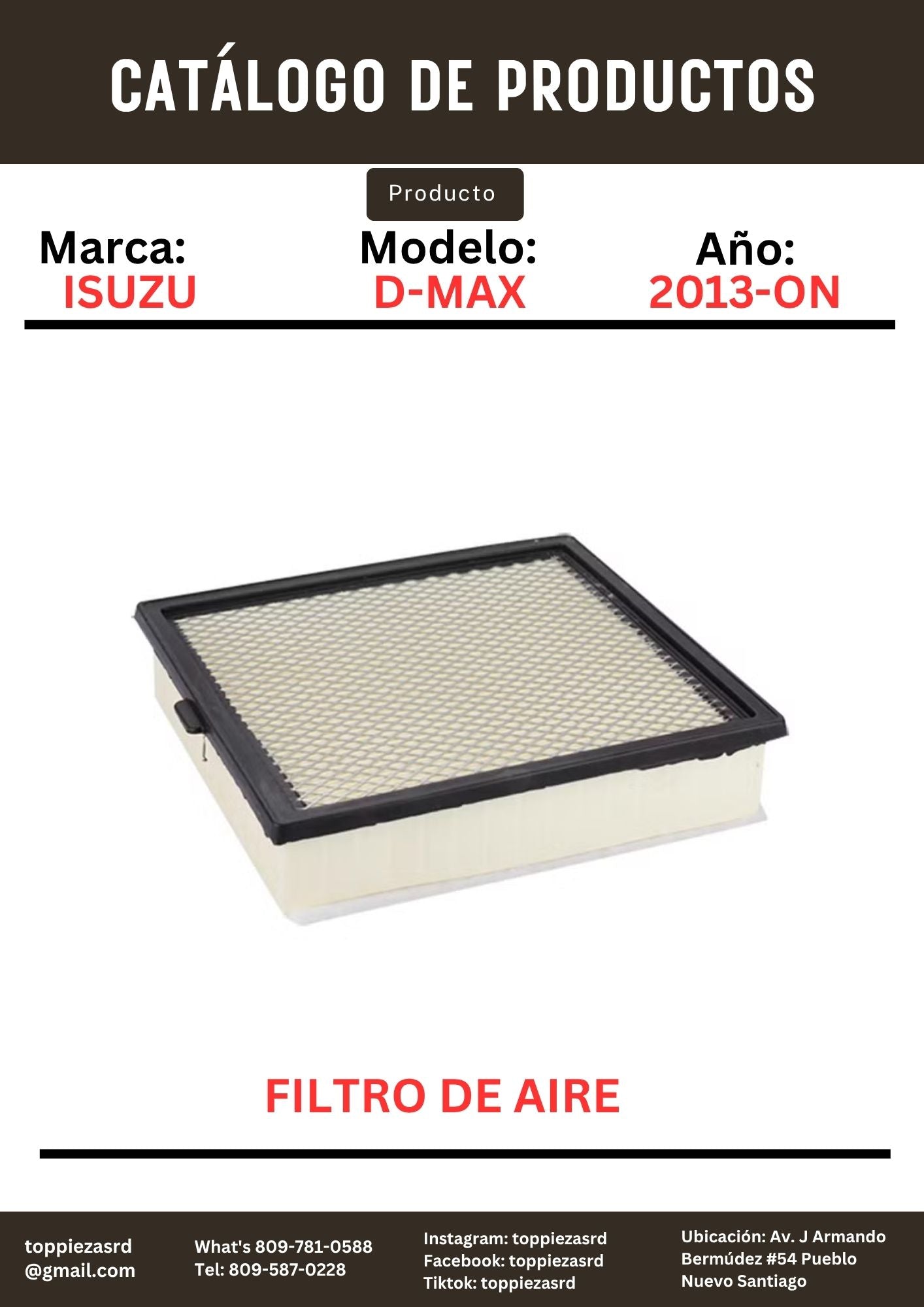 8-98140-266: Filtro De Aire Isuzu D-MAX 2013-ON.