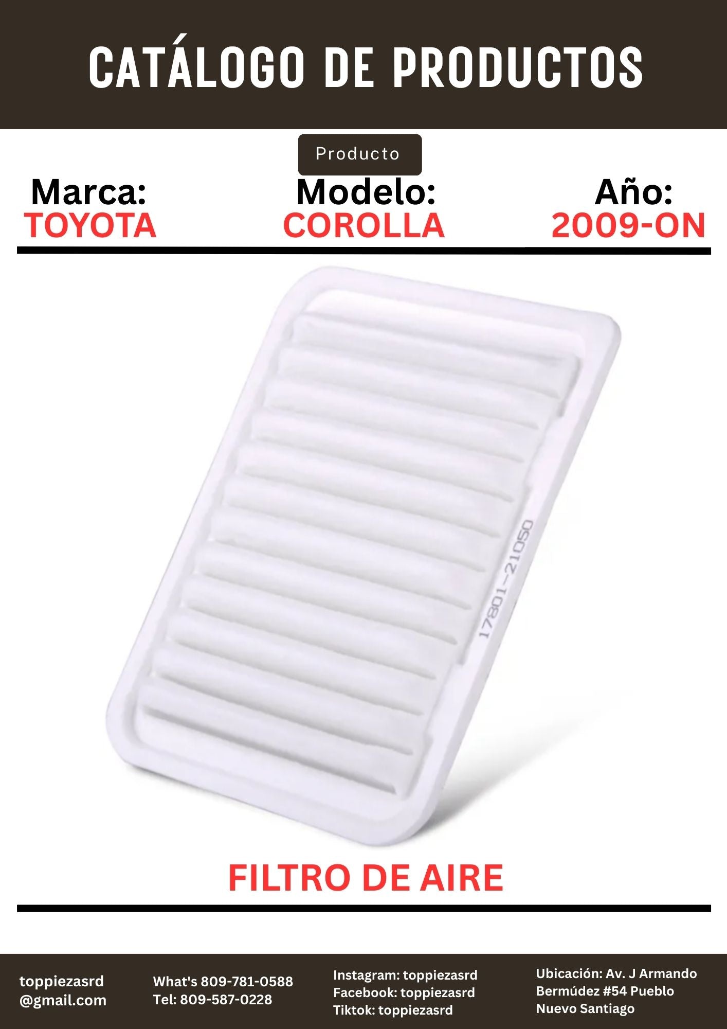 17801-21050: Filtro De Aire Toyota COROLLA/YARIS 2009-ON.