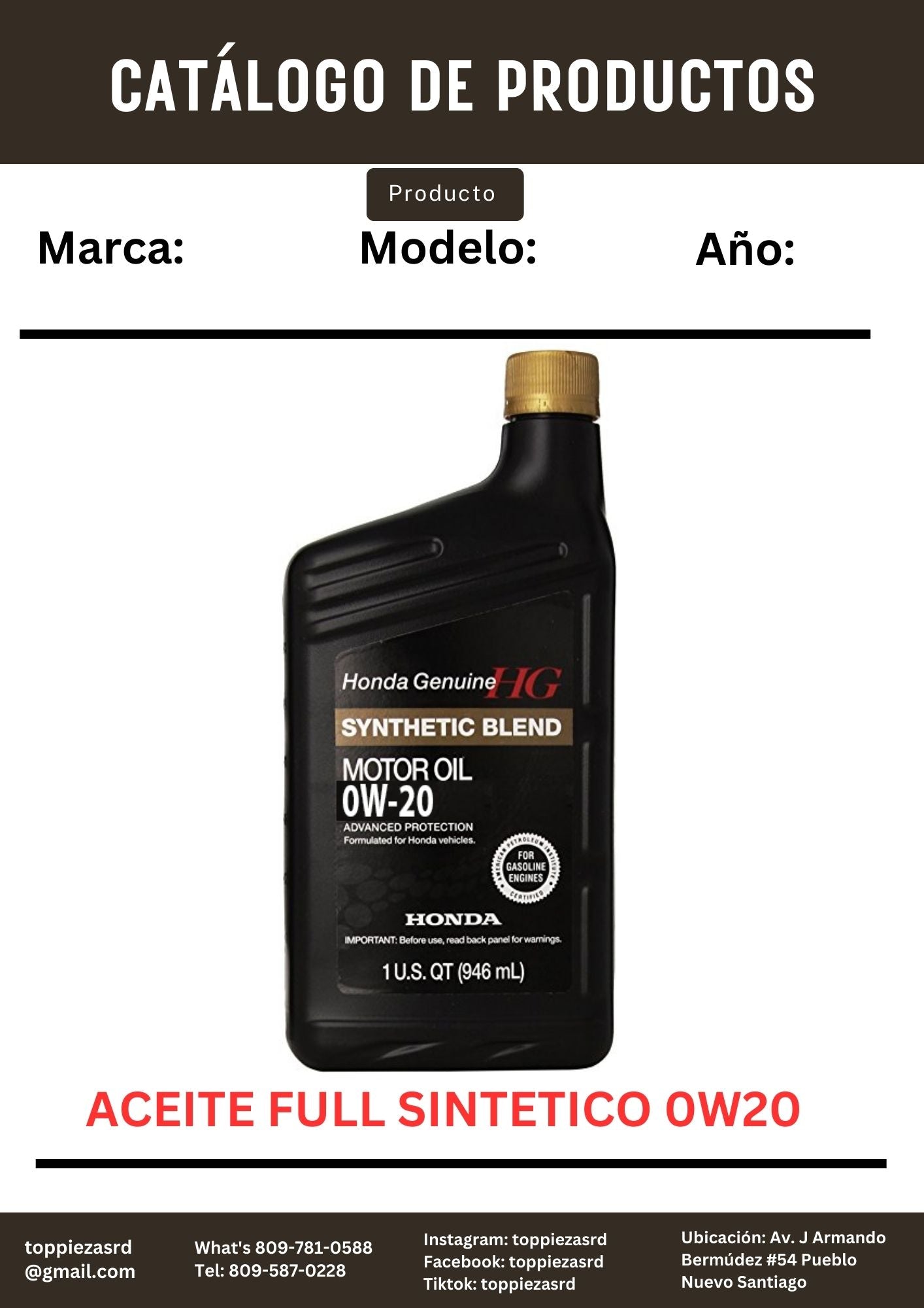 0W20: Aceite Full Sintético HONDA 0W20.