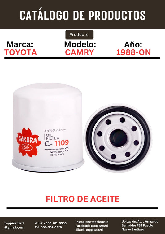 F-C-1109/90915-03001: Filtro De Aceite Sakura Toyota CAMRY/COROLLA/TERCEL 1988-ON.