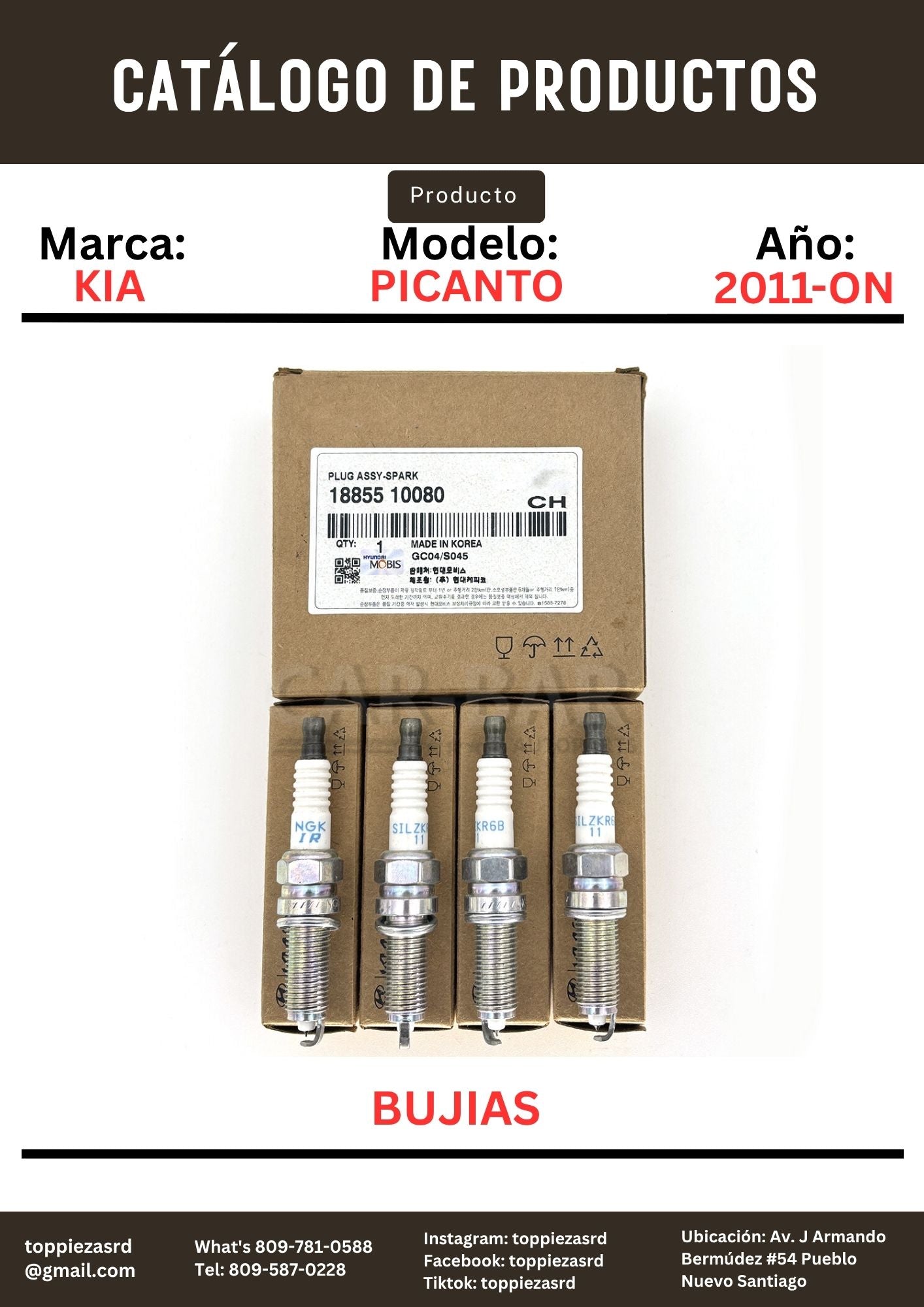 18855-10080: Bujías Kia PICANTO/K5. Hyundai ELANTRA/Y20/ACCENT 2011-ON.
