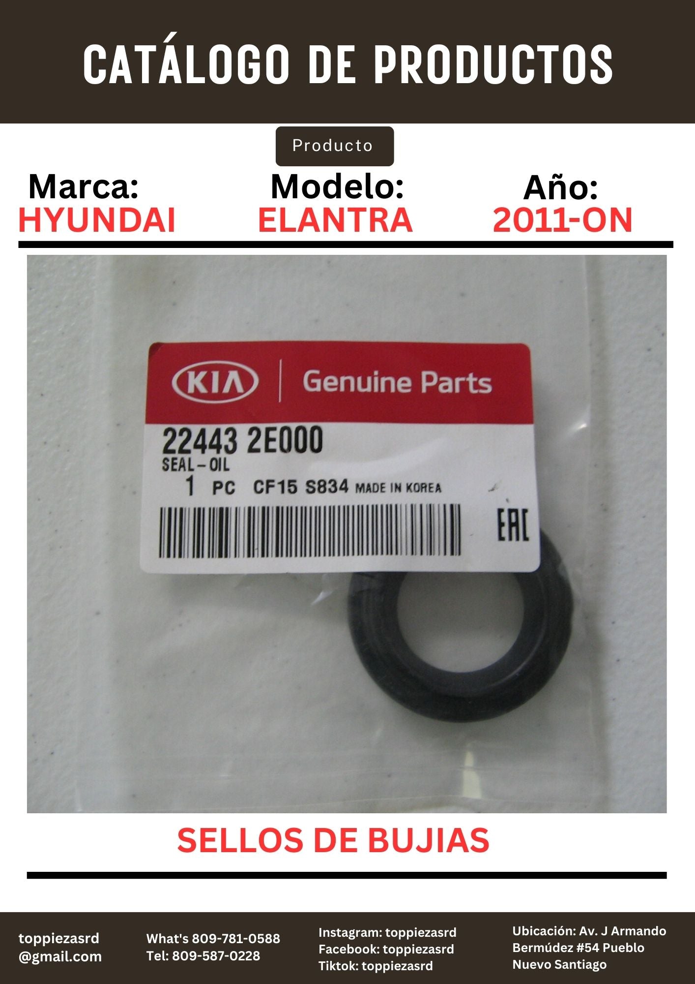 22443-2E000: Sellos De Bujías Hyundai ELANTRA/TUCSON 2011-ON. Kia Y20 K5/SPORTAGE 2004-09.