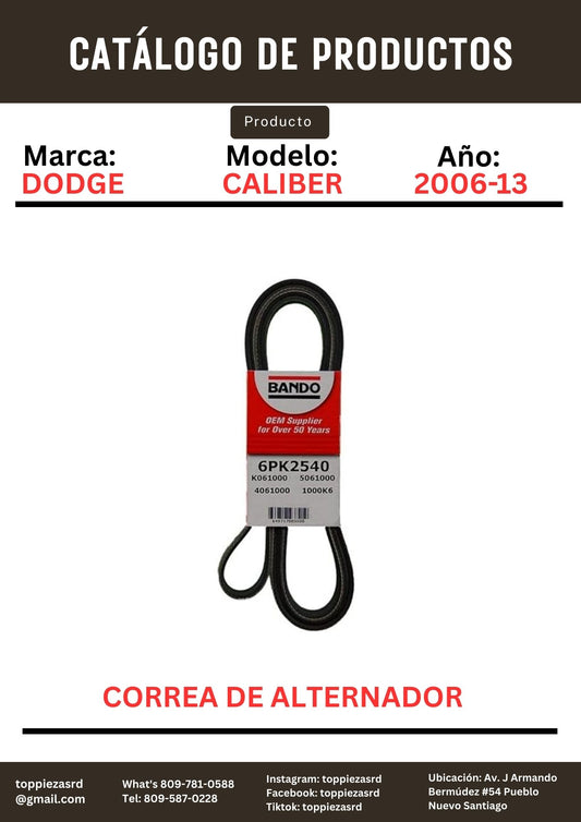 6PK2540/25212-2G750: Correa De Alternador Dodge CALIBER 2006-13. Jeep COMPASS 2006-13. Kia SORENTO 2.4 1980-ON.