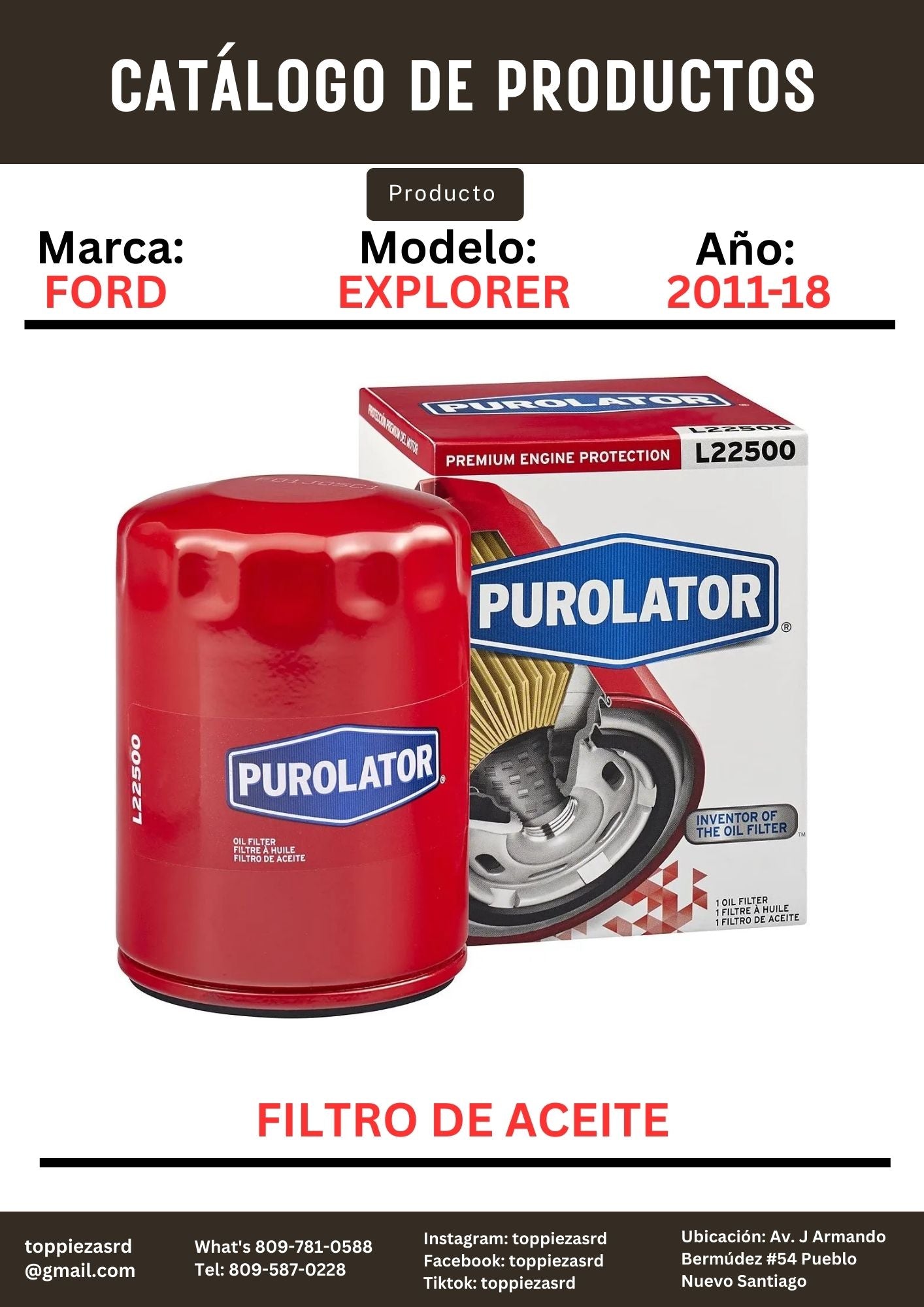 L22500: Filtro De Aceite Ford EXPLORER/EDGE 2011-18.