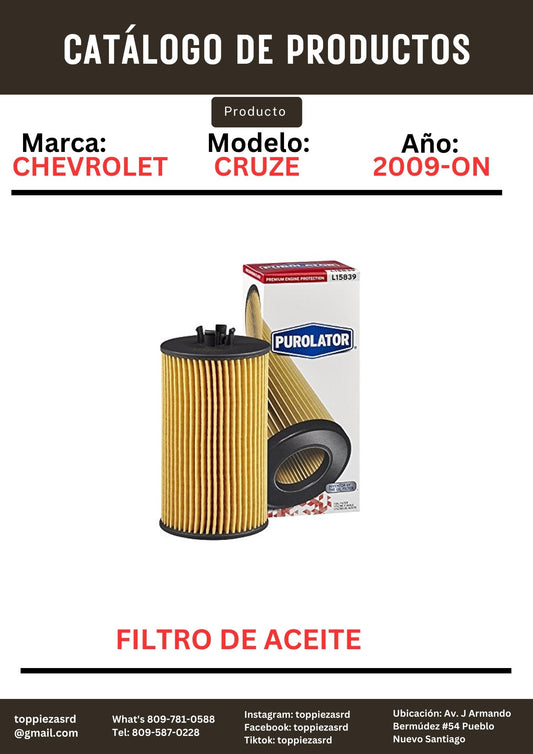 L15839: Filtro De Aceite Chevrolet SONIC CRUZE 2009-ON.