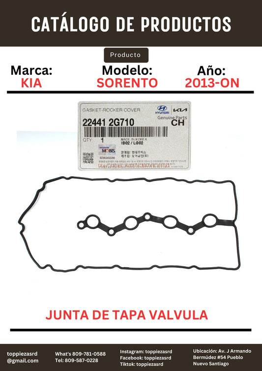 22441-2G710: Junta De Tapa Válvula Kia Sorento 2013-ON. Hyundai SANTA FE 2013-18.