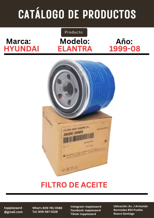 26300-35500: Filtro De Aceite Hyundai ELANTRA 1999-08. Kia OPTIMA 2006-10. Mitsubishi MONTERO 2009-18