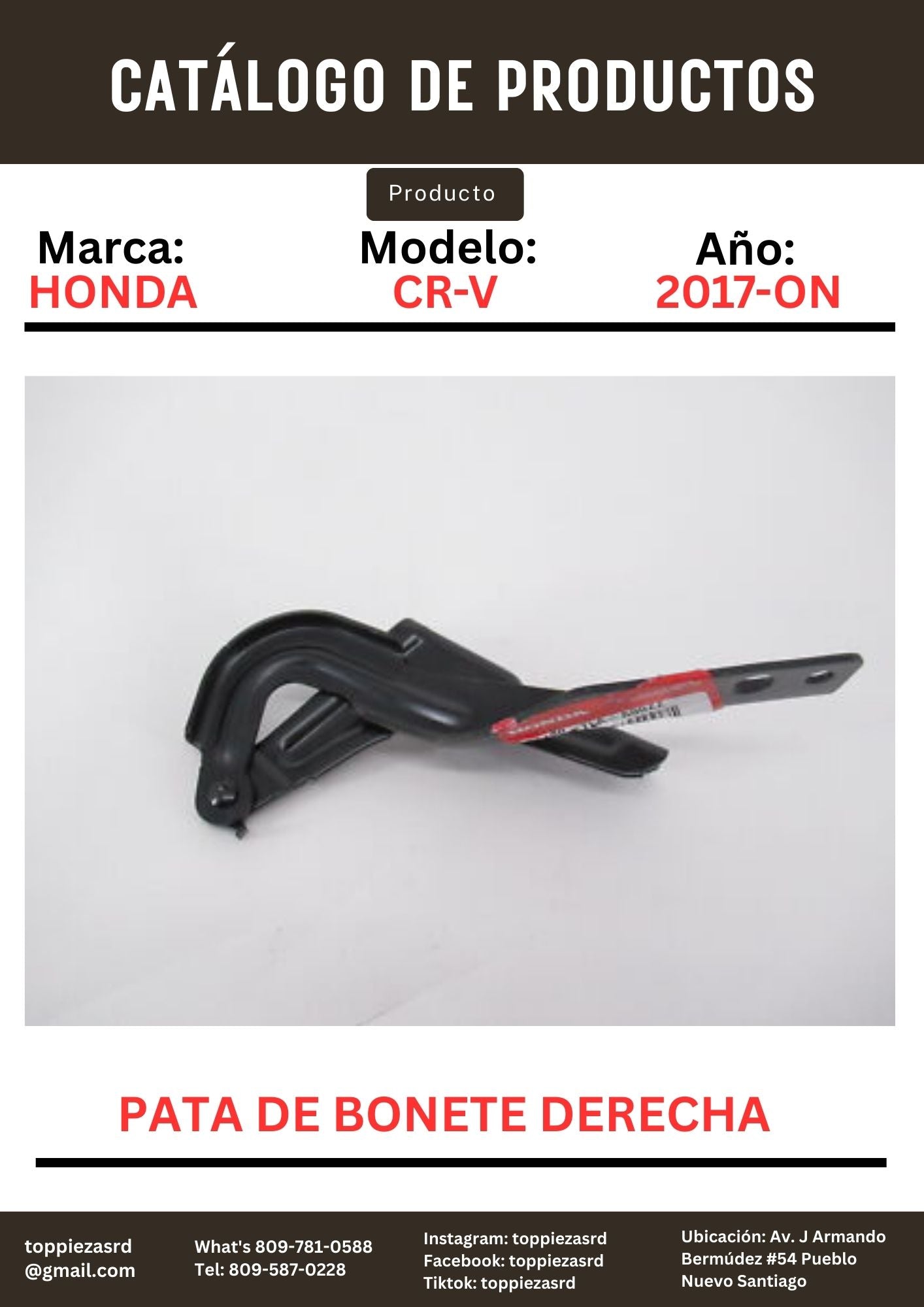 60120-TLA-A00ZZ: Pata De Bonete Derecha Honda CR-V 2017-ON.