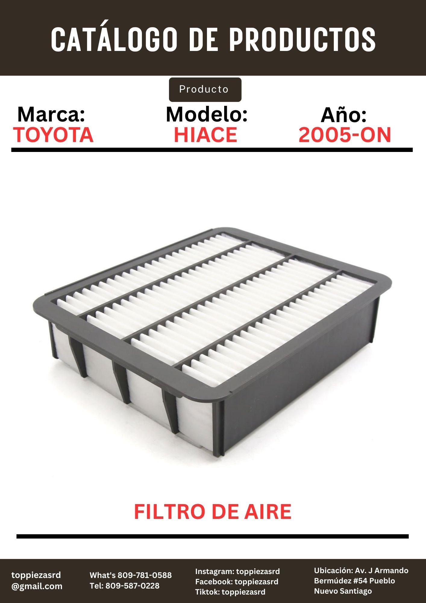 17801-30070: Filtro De Aire Toyota HIACE 2KD-FTV 2005-ON.