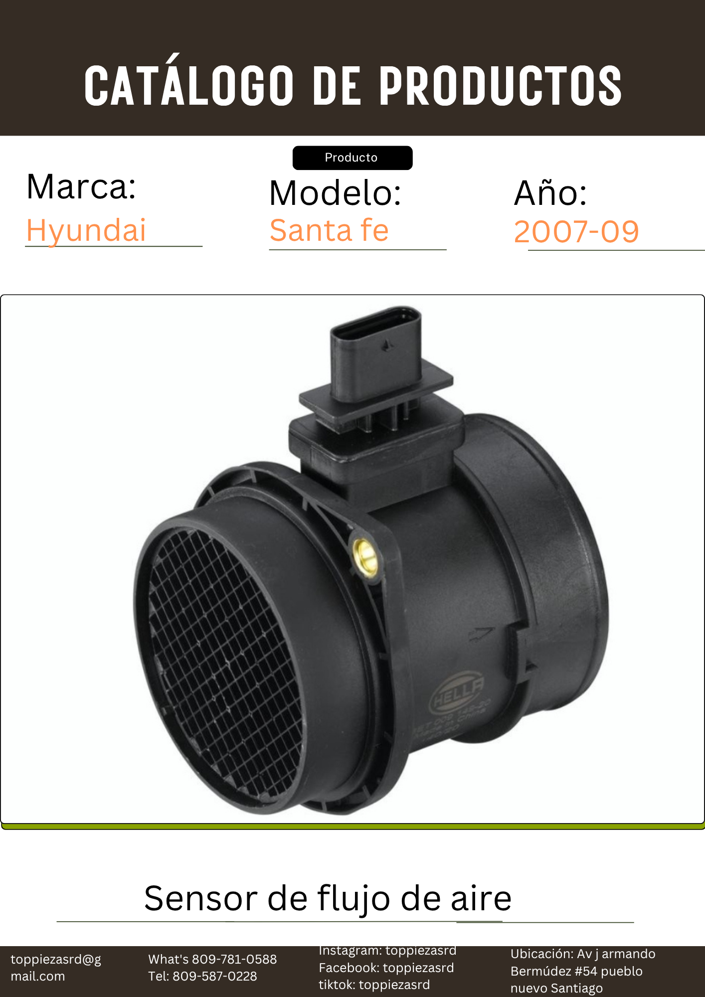 28164-27800: Sensor De Flujo De Aire Hyundai Santa FE 2007-09. Moto 2.2 Diesel.