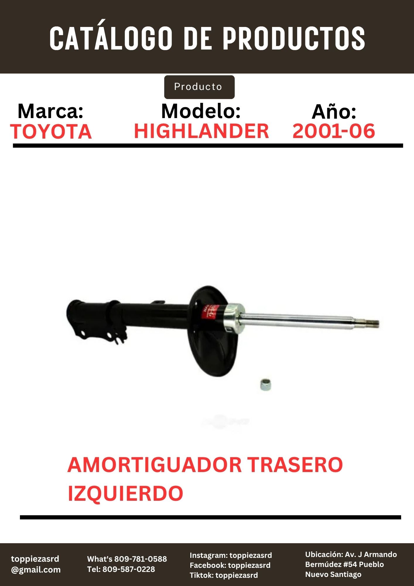 334429: Amortiguador Trasero Izquierdo Toyota HIGHLANDER 2001-06.