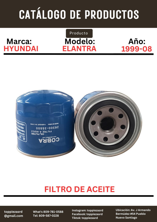 26300-35500/35505: Filtro De Aceite Hyundai ELANTRA 1999-08. Kia OPTIMA 2006-10. Mitsubishi MONTERO 2009-18
