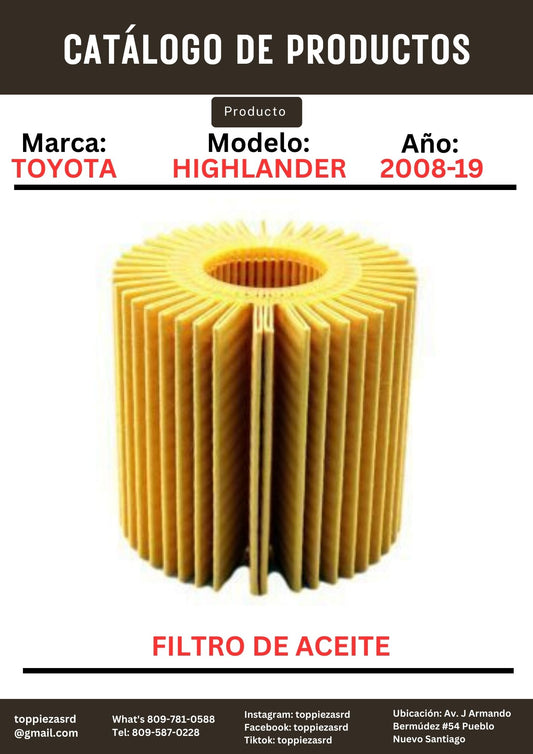 04152-YZZA1: Filtro De Aceite Toyota HIGHLANDER/SIENNA/CAMRY 2008-19.
