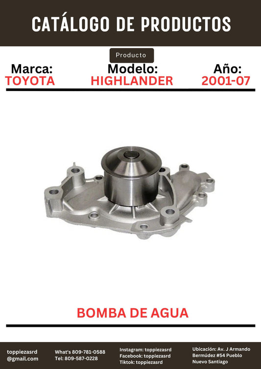 16100-29085: Bomba De Agua Toyota HIGHLANDER 2001-07. Lexus RX330 2004-07.