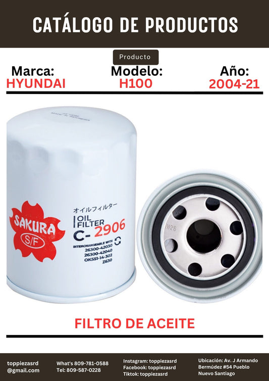 26300-42030: Filtro De Aceite Hyundai H100 2004-21. Kia K2700/BONGO 2004-21.