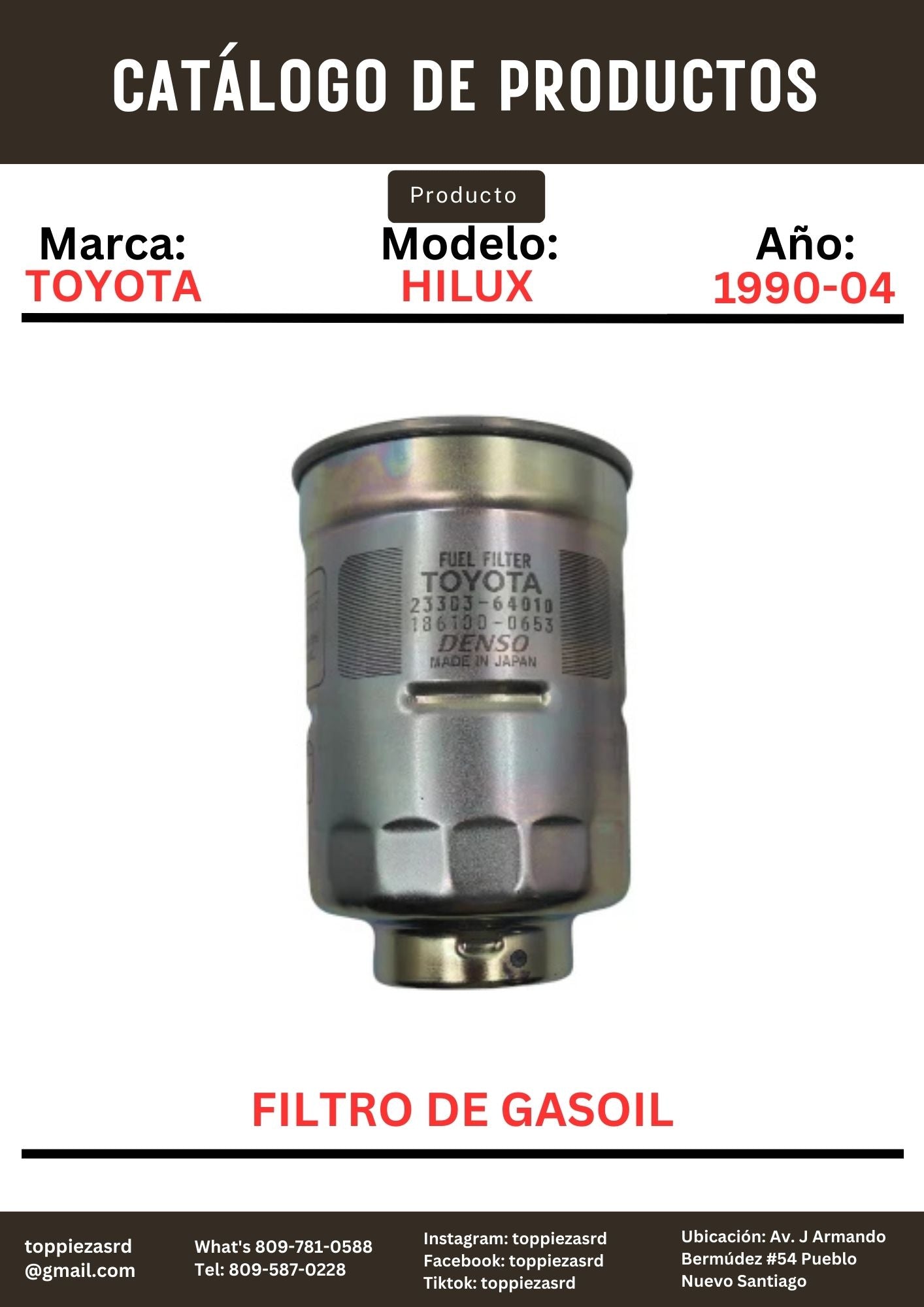 23303-64010: Filtro De Gasoil Toyota HILUX 1990-04.