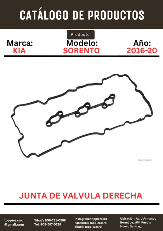 22441-3CGA1: Junta De Válvula Derecha Kia SORENTO. Hyundai SANTA FE 2016-20.