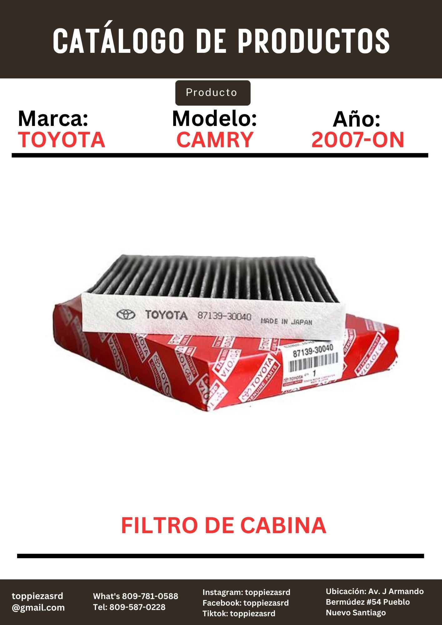 87139-30040: Filtro De Cabina Toyota CAMRY 2007-ON.