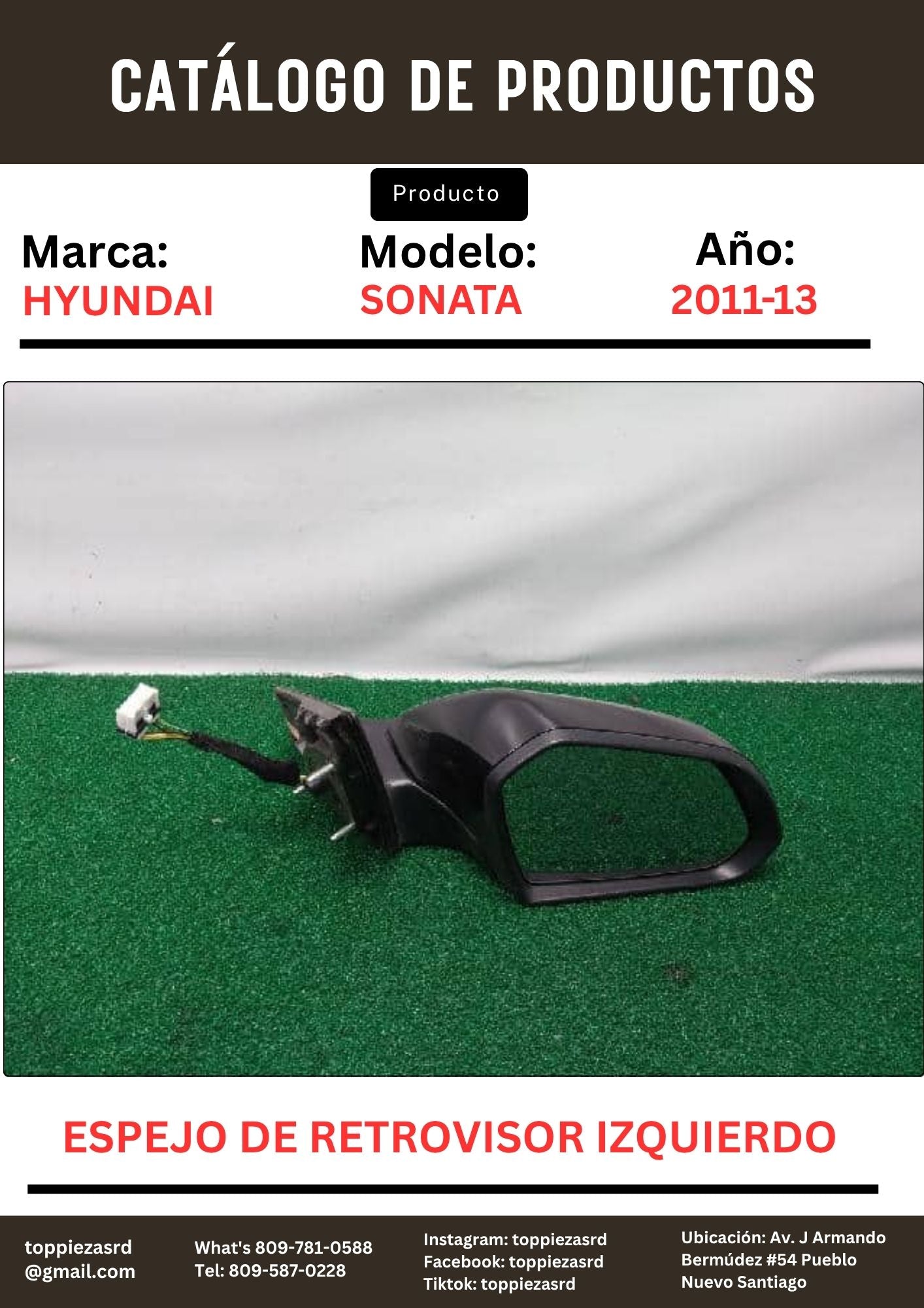 87610-2T010: Espejo De Retrovisor LH/IZQUIERDO Hyundain Sonata K5 2011-13.