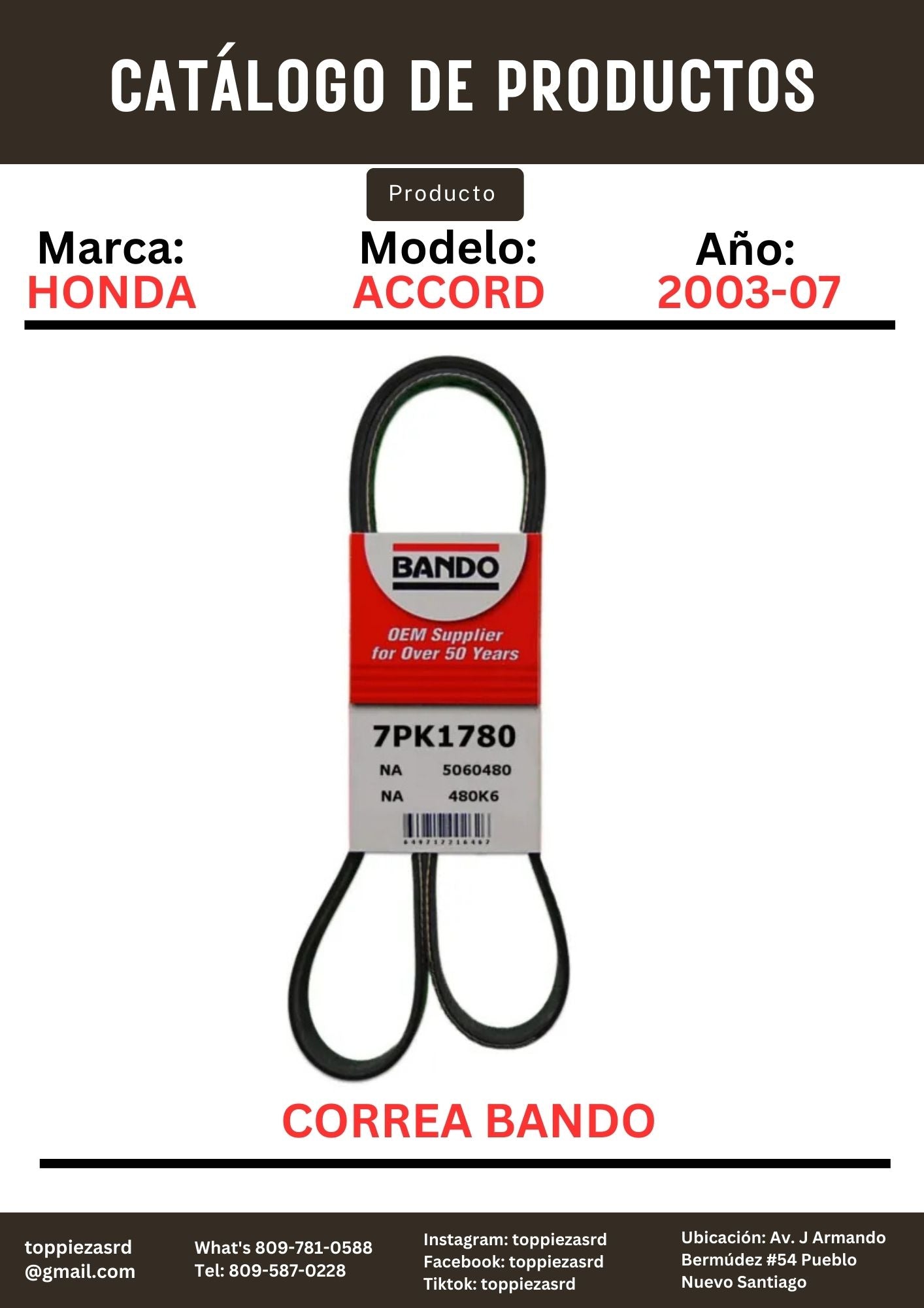 7PK1780: Correa Honda ACCORD 2003-07.
