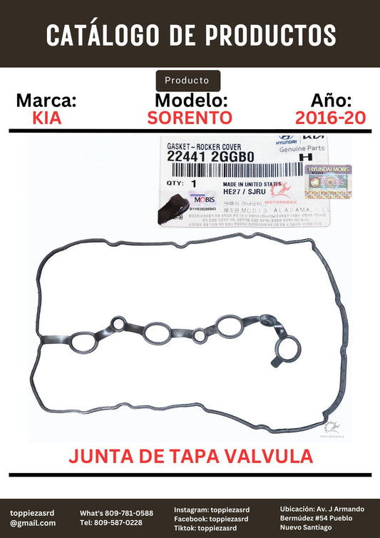 22441-2GGB0: Junta De Tapa Válvula Kia SORENTO 2016-20. Hyundai SONATA 2015-ON/SANTA FE 2017-20.